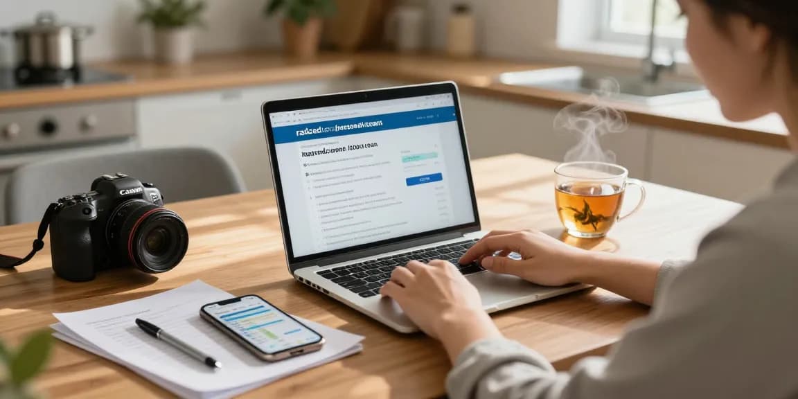 Individual using radcred.com/personal-loan/2000-loan for personal finance guidance in a cozy home setting, laptop and budgeting tools visible.