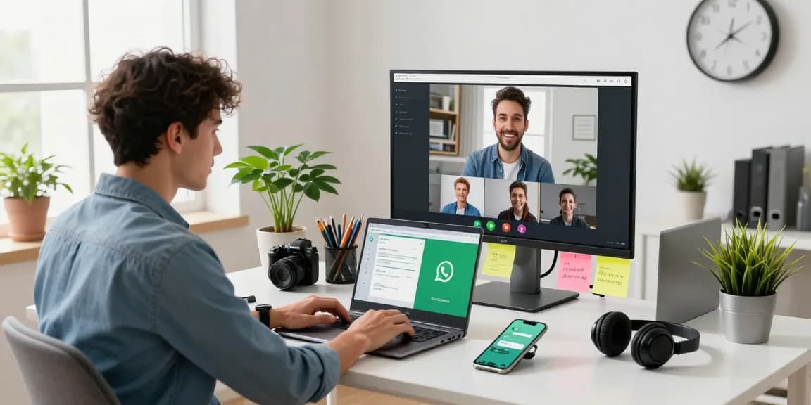 Young professional using WhatsApp下載 interface on a laptop in a modern workspace, collaborating efficiently.