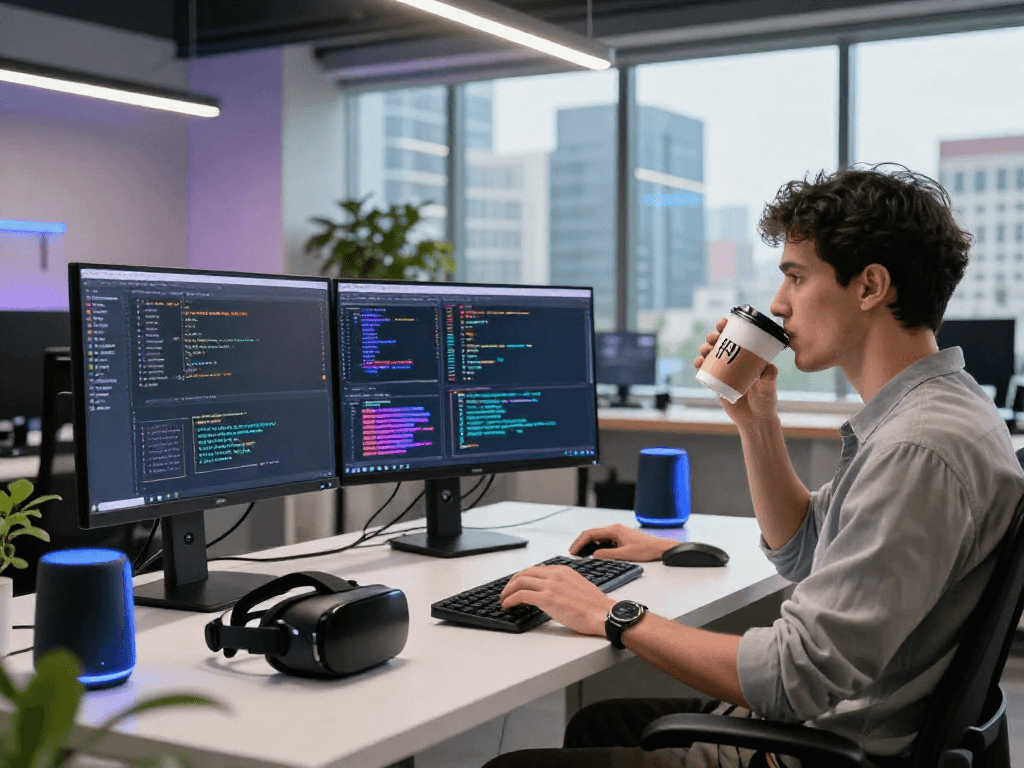 AI developer debugging a spicy AI model in a modern workspace with multiple screens.
