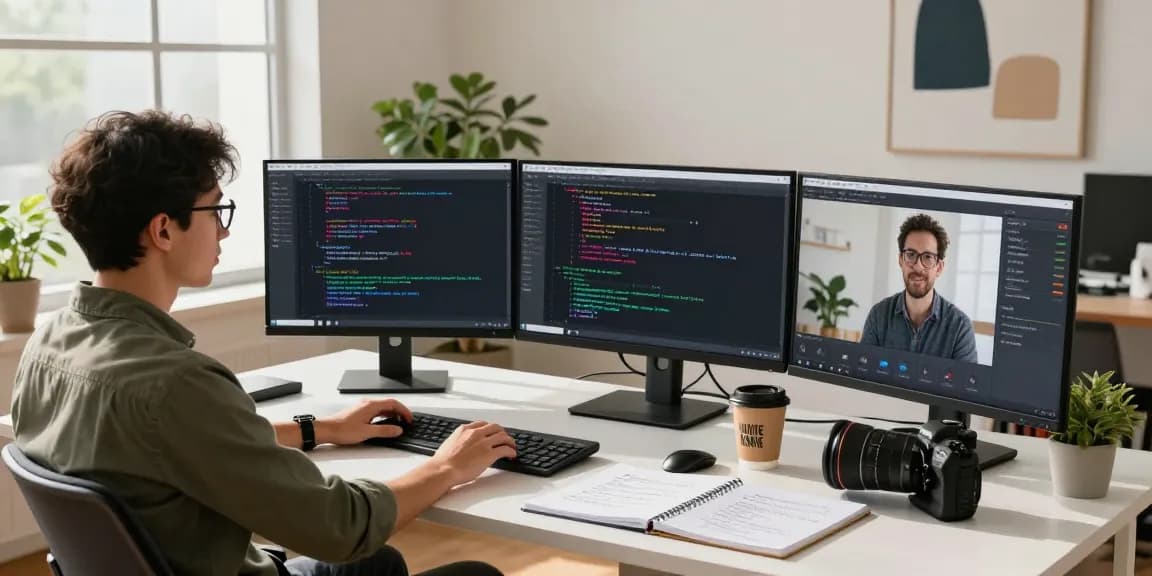 Data scientist utilizing machine learning tools in a modern workspace with coding and data visualization displays.