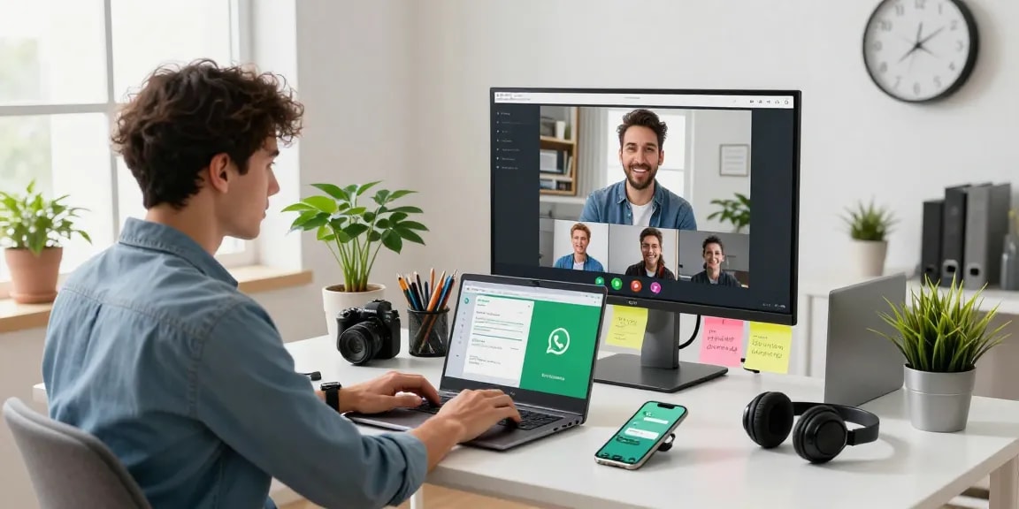 Young professional using WhatsApp下載 interface on a laptop in a modern workspace, collaborating efficiently.