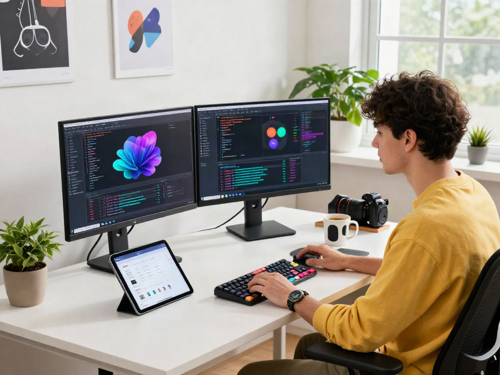 Developer working on spicy ai algorithms in a modern tech workspace with vibrant code and creative elements.