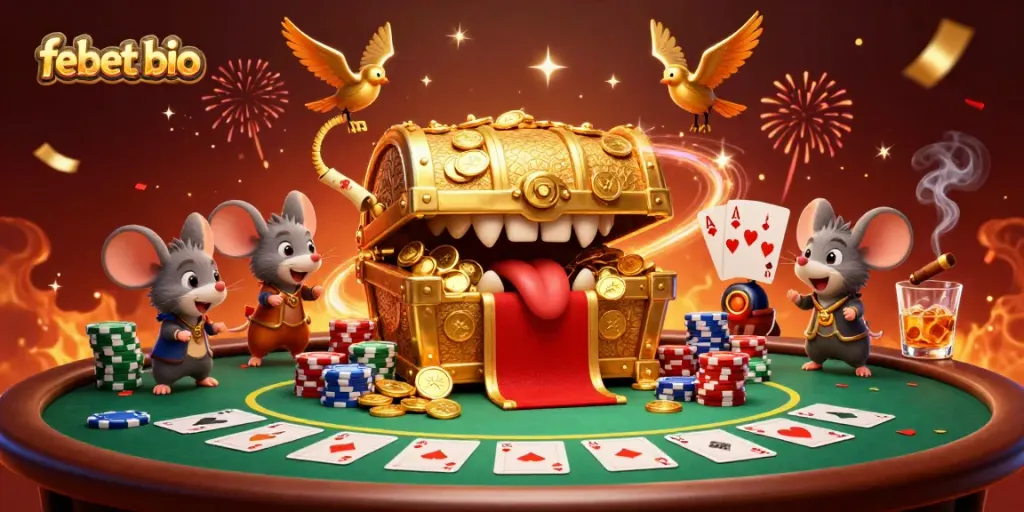 Catch the excitement at febet bio with a 3D scene showcasing treasure and high-stakes poker action.