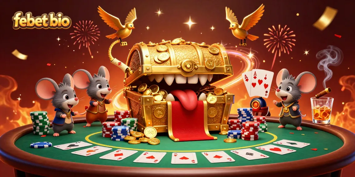 Catch the excitement at febet bio with a 3D scene showcasing treasure and high-stakes poker action.