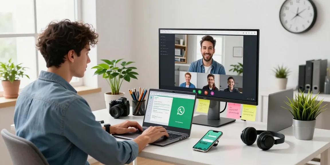 Young professional using WhatsApp下載 interface on a laptop in a modern workspace, collaborating efficiently.