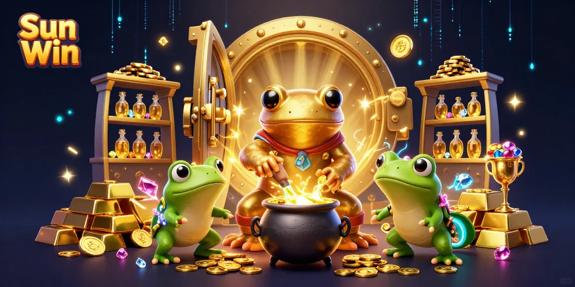 Sun Win features a golden salamander alchemist creating gold coins in a lively casino scene.