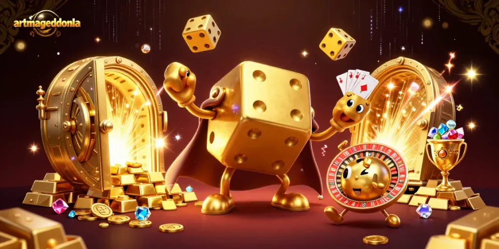 Engage with artmageddonla's vibrant casino scene of golden dice and treasures.