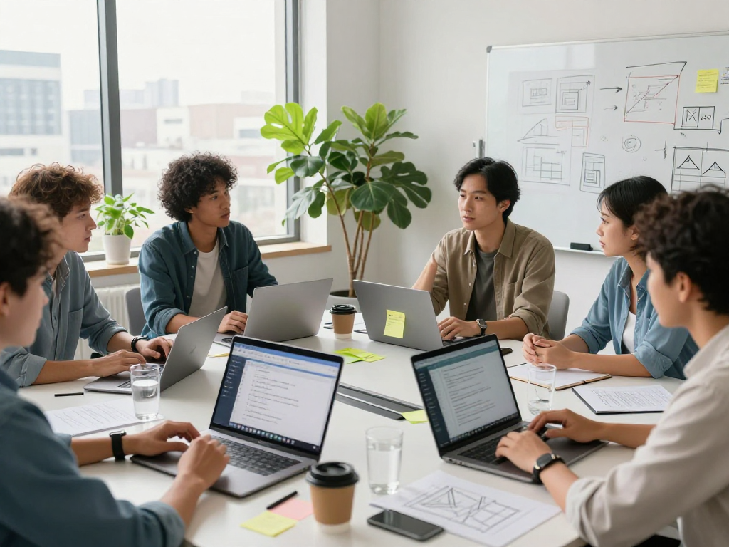 专业团队在会议室使用WPS Office协作,展示项目构想的生动场景。