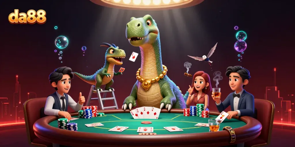 Experience exciting casino action in da88 with a towering brontosaurus and clever raptor dealing cards.