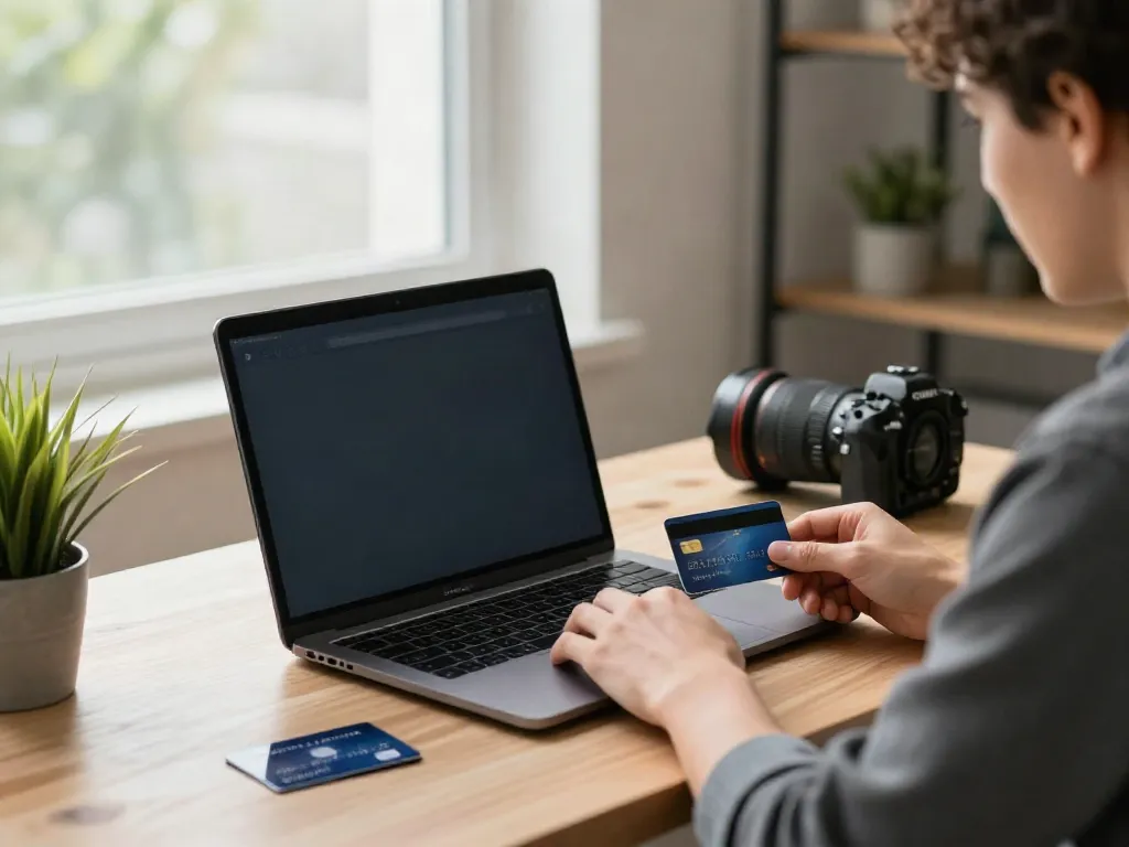 Researcher comparing online credit card casinos in a bright home office.