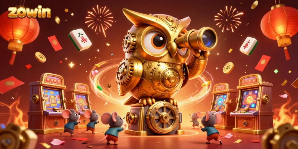 Zowin's vibrant casino scene with a golden owl and festive gambling elements for an immersive gaming experience.