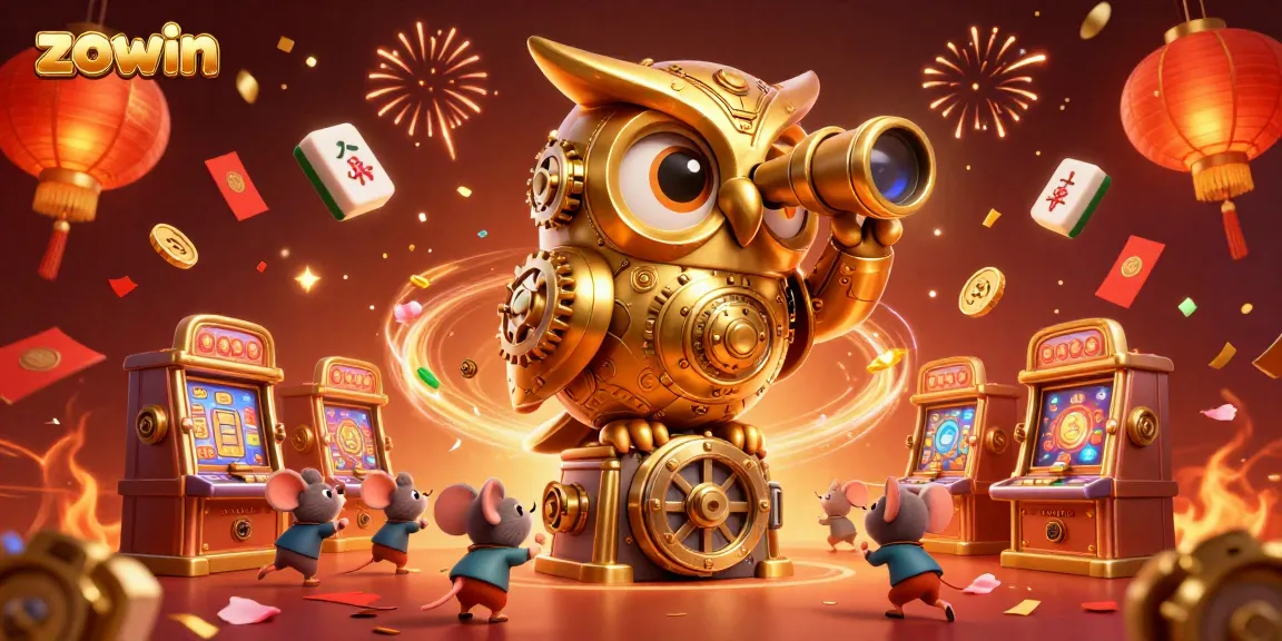Zowin's vibrant casino scene with a golden owl and festive gambling elements for an immersive gaming experience.