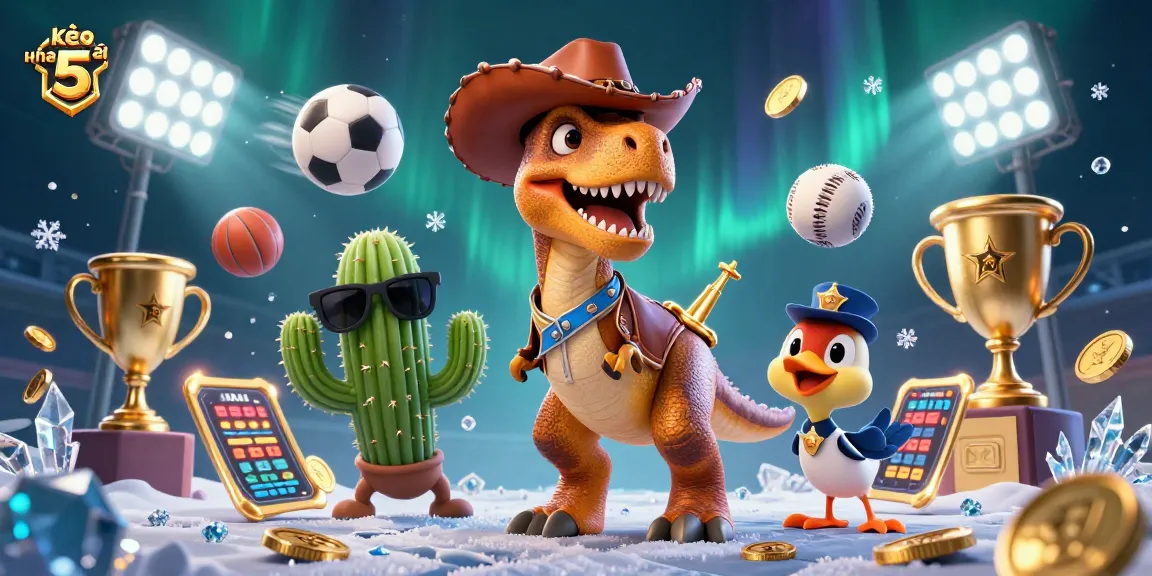 Engage with kèo nhà cái 5 through this vibrant scene featuring a cartoon dinosaur and sports paraphernalia.