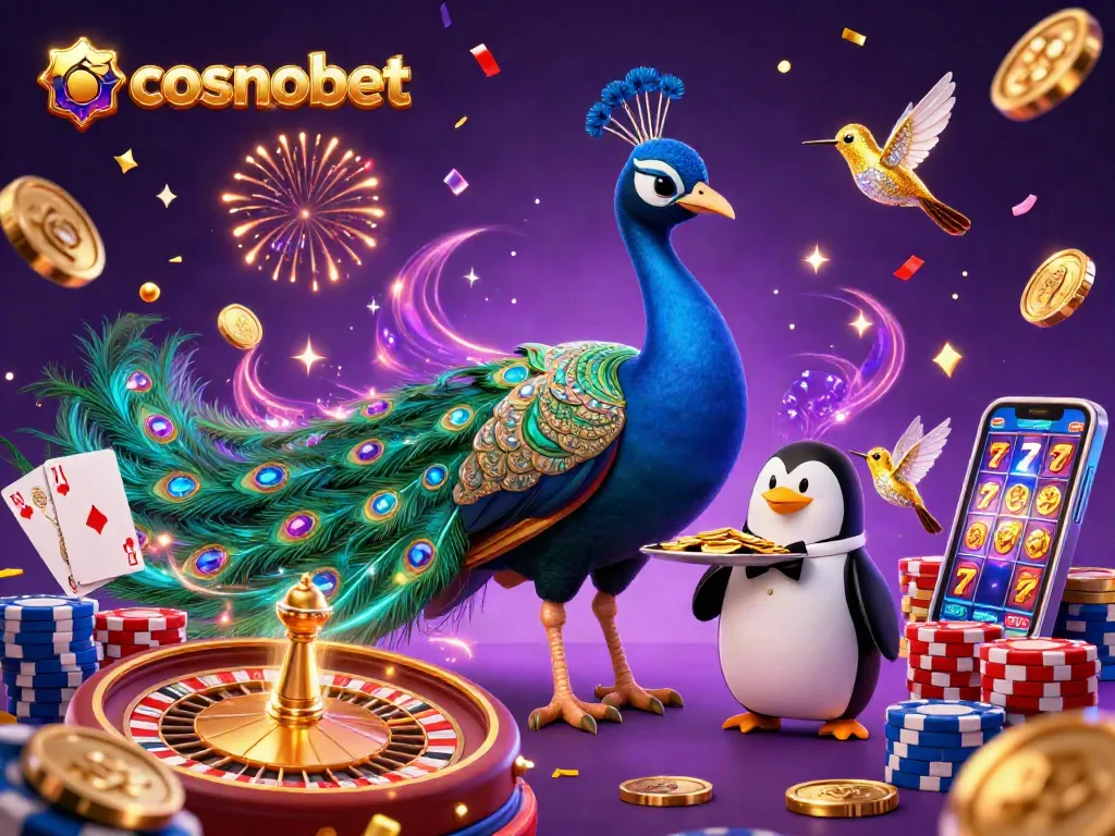 Experience the excitement at cosmobet with vibrant casino elements and a dazzling scene filled with gold coins and cards.