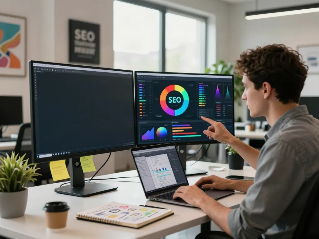 Digital marketer analyzing SEO metrics for instant indexing in a modern office.