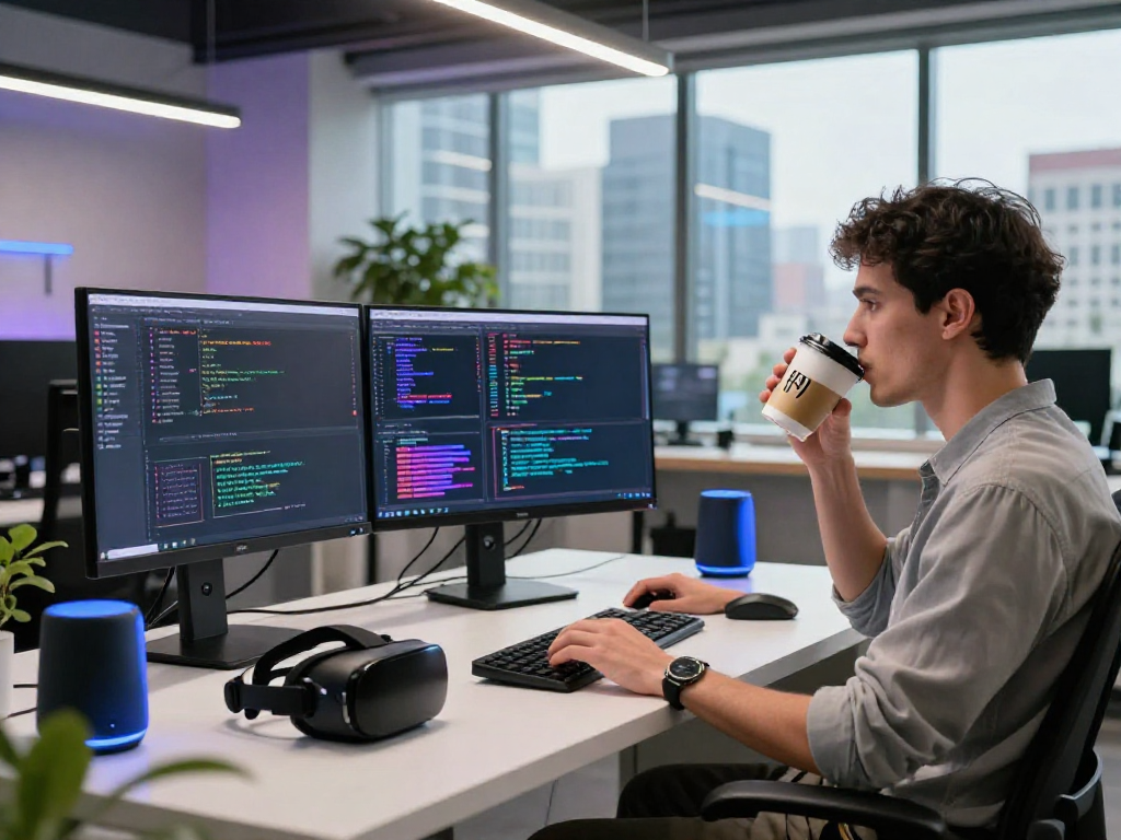 AI developer debugging a spicy AI model in a modern workspace with multiple screens.
