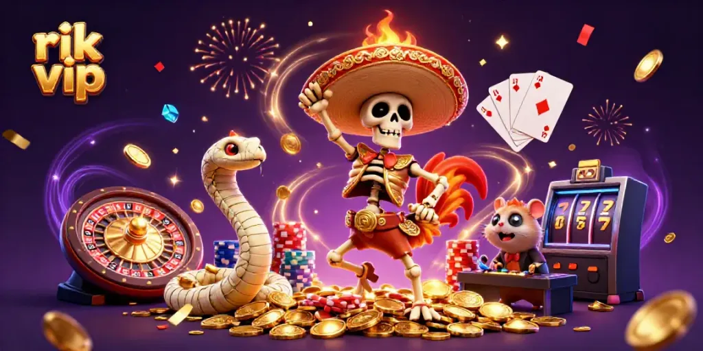 Experience the thrill of rik vip gaming with a lively scene featuring characters celebrating amidst cascading coins and casino elements.