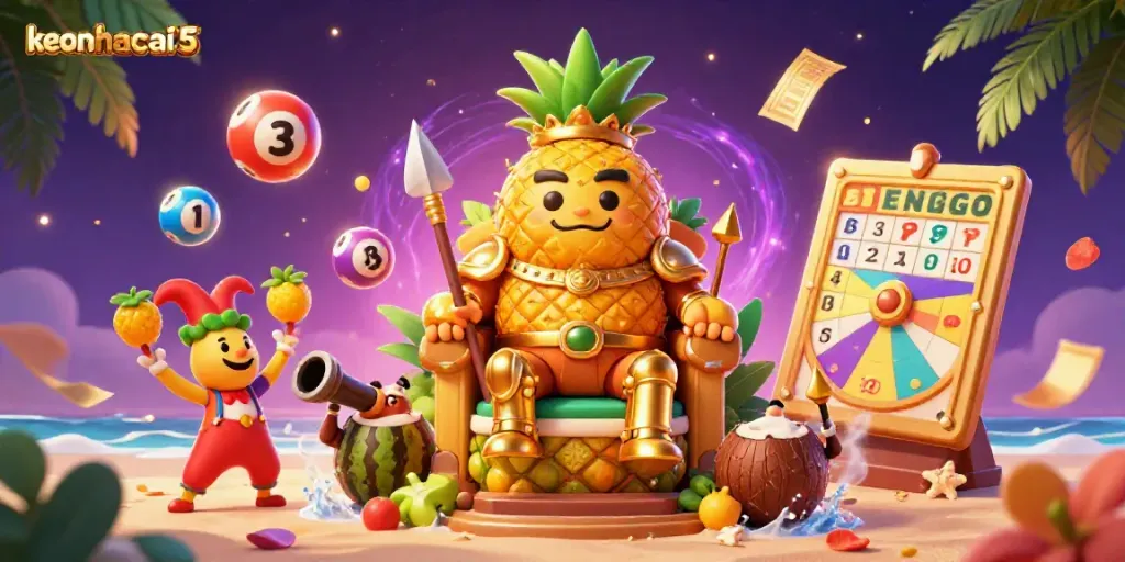 Experience the thrilling atmosphere of keonhacai5 with a golden pineapple king and dynamic casino elements.