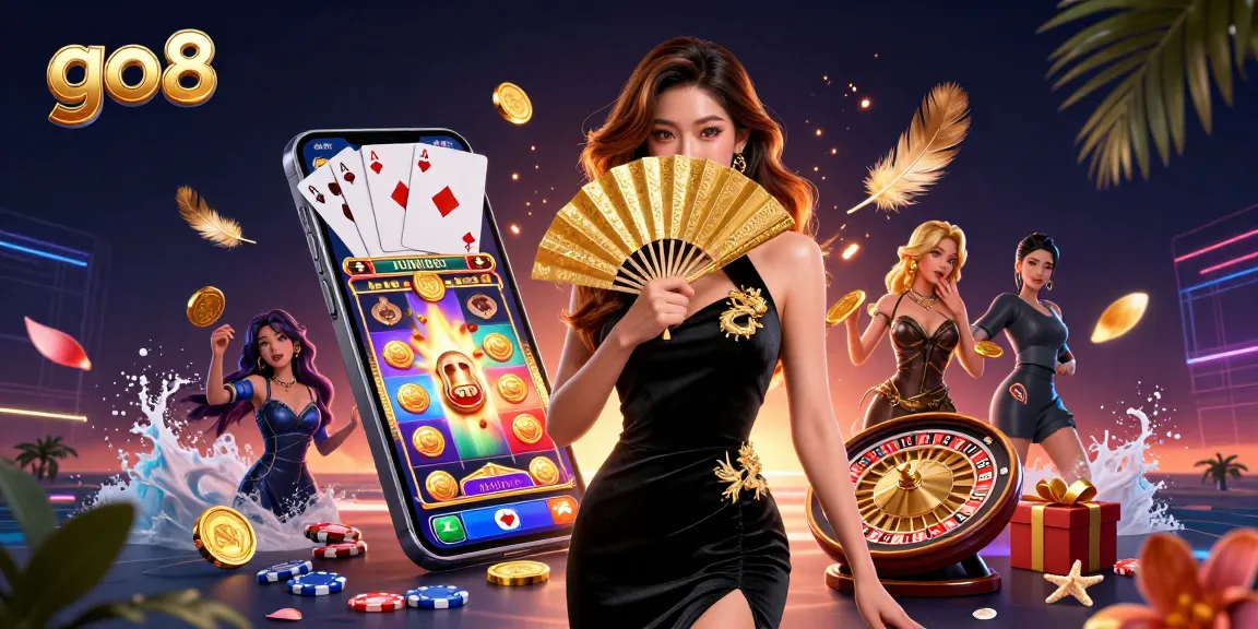 Experience go8 with vibrant casino games illustrated by a gorgeous Asian dealer in a dynamic setting.