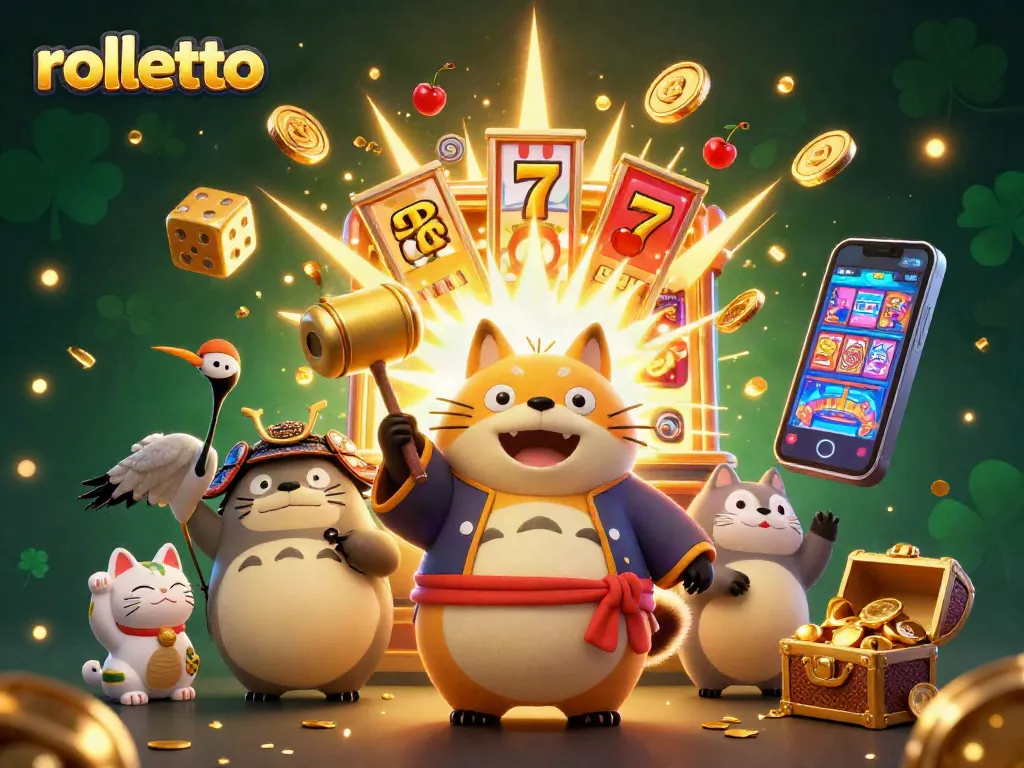 Experience the excitement at Rolletto with a vibrant illustration of lucky charms and casino elements.
