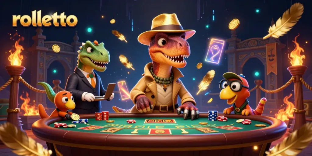 Experience exhilarating gameplay at rolletto, featuring unique characters engaged in a lively blackjack scene.
