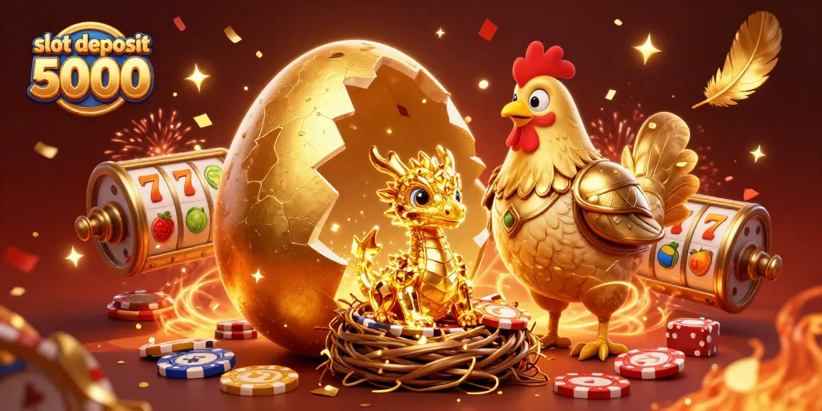Experience the excitement of slot deposit 5000 with golden treasures and spinning reels in this vibrant illustration.