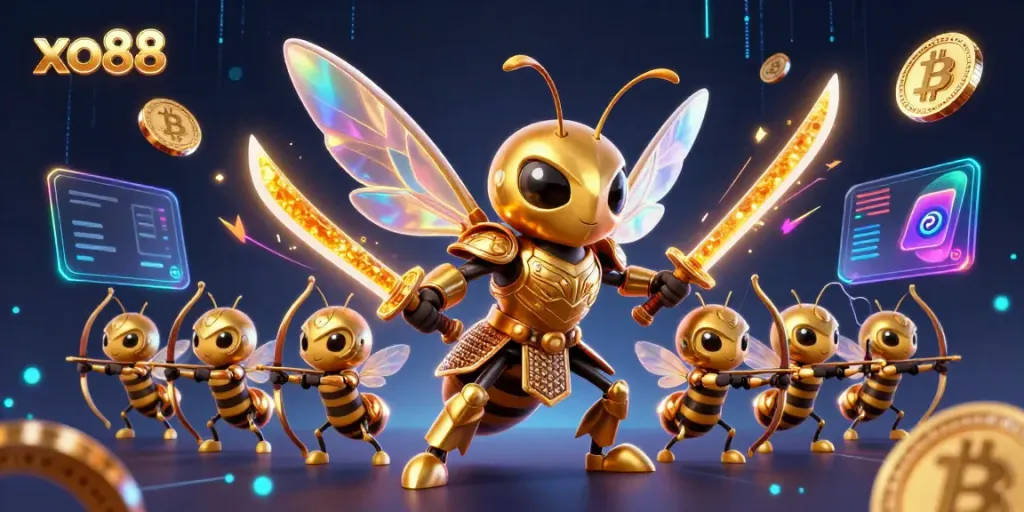 Experience the thrill of gaming at xo88 with vibrant scenes featuring golden hornet warriors and crypto elements.