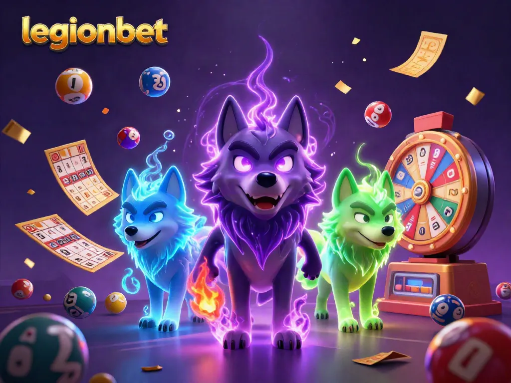 Engage with legionbet's thrilling atmosphere featuring cartoon wolves amidst dynamic casino elements.