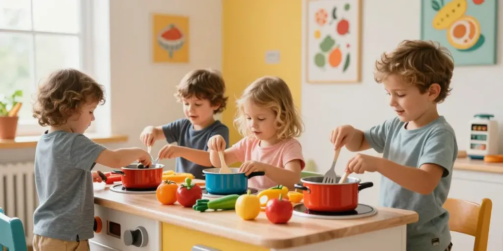 Children engaging in imaginative play with a kids kitchen set filled with colourful toy utensils and food.