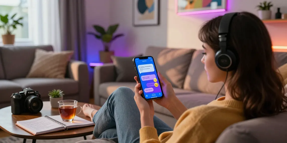 A cozy living room scene featuring a user engaging in ai sexting on their smartphone, highlighting the playful chat interface and a warm, inviting environment.