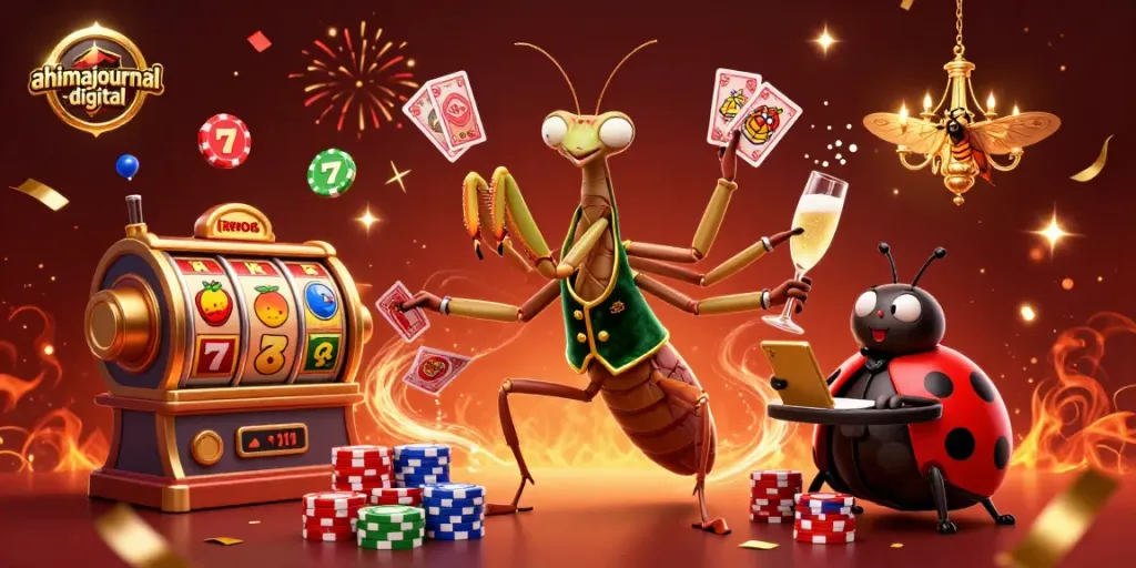 Engage with the ahimajournal-digital casino world in an electrifying gambling scene featuring vibrant slot symbols and lively characters.