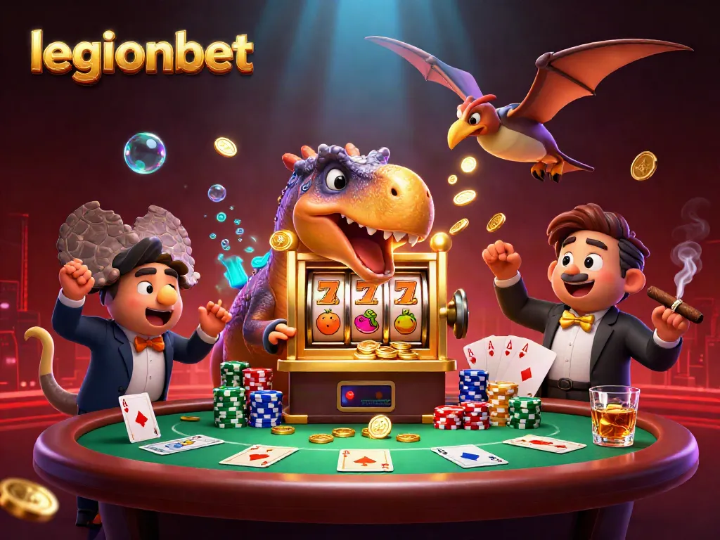 Experience legionbet's thrilling jackpot action with animated dinosaurs and dynamic casino elements.