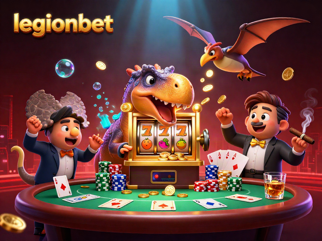 Experience legionbet's thrilling jackpot action with animated dinosaurs and dynamic casino elements.