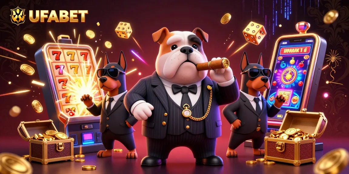 Experience thrilling jackpots with UFABET's vibrant casino illustration featuring a bulldog mafia boss.