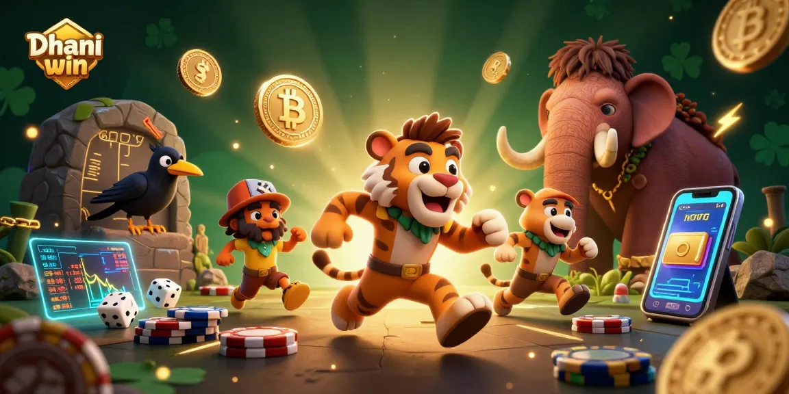 Dhani win promotion featuring a lively caveman duo, showcasing casino games and crypto elements.
