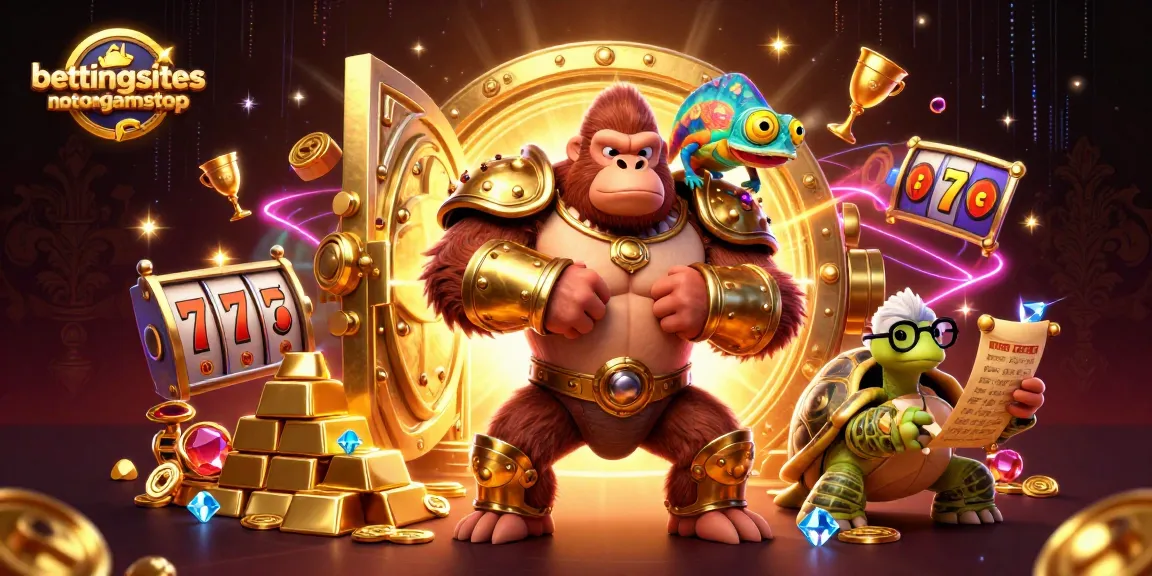 Engage with bettingsitesnotongamstop in a vibrant 3D illustration featuring a king gorilla, a chameleon companion, and a wise tortoise among sparkling casino treasures.