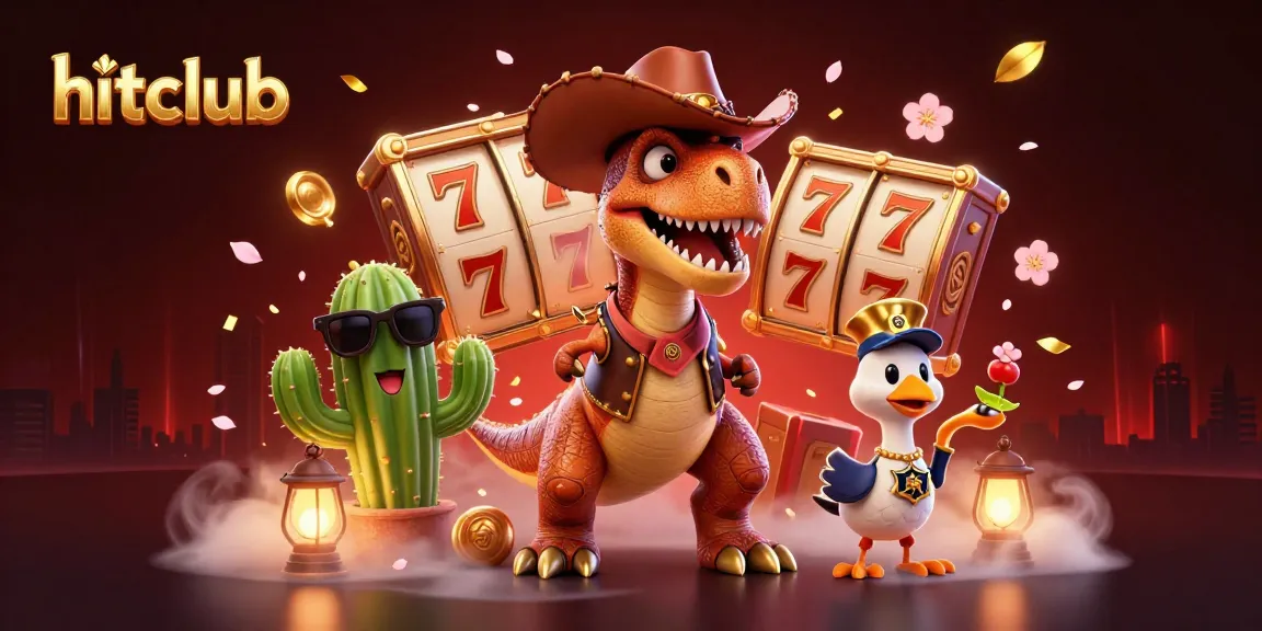 Spin the reels at hitclub with a vibrant 3D dinosaur and whimsical companions in a lively casino scene.