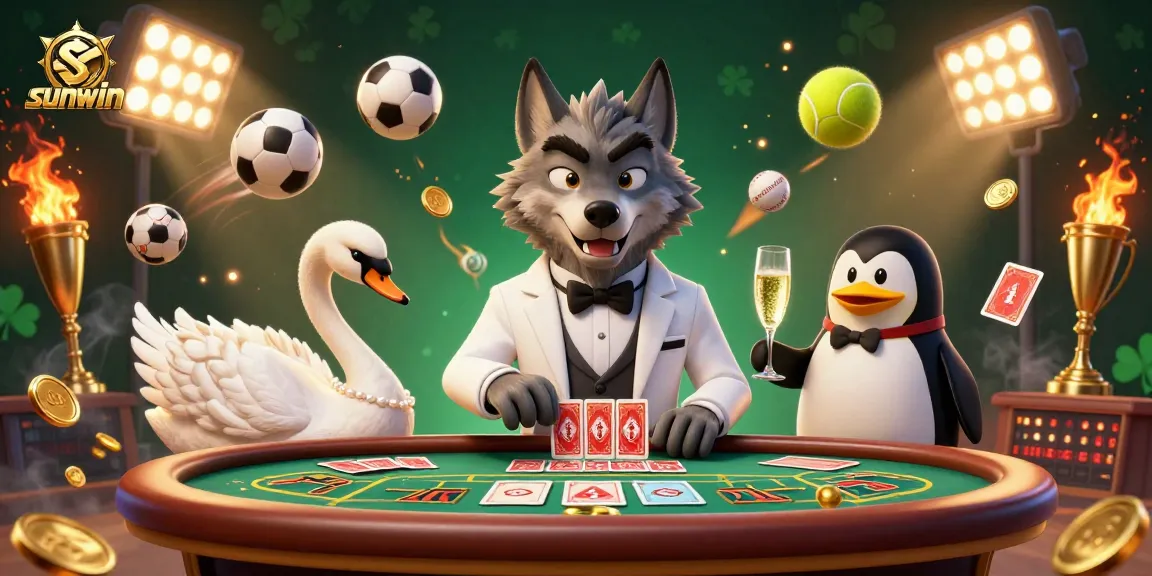 Engage with exclusive sunwin gaming moments at a baccarat table featuring unique characters and dynamic sports elements.
